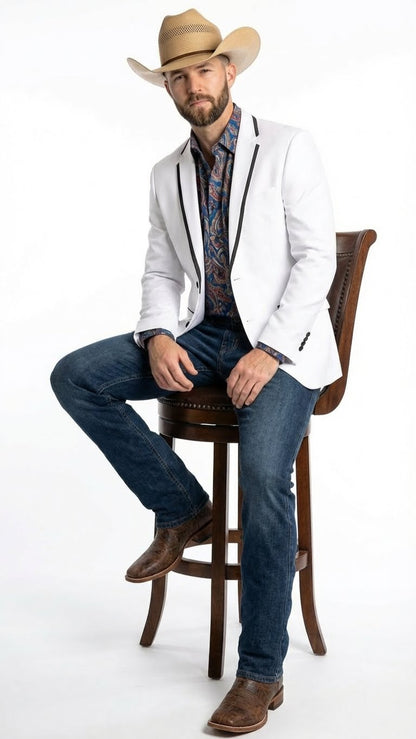 Men’s White Western Blazer with Black Trim – Classic Cowboy Style