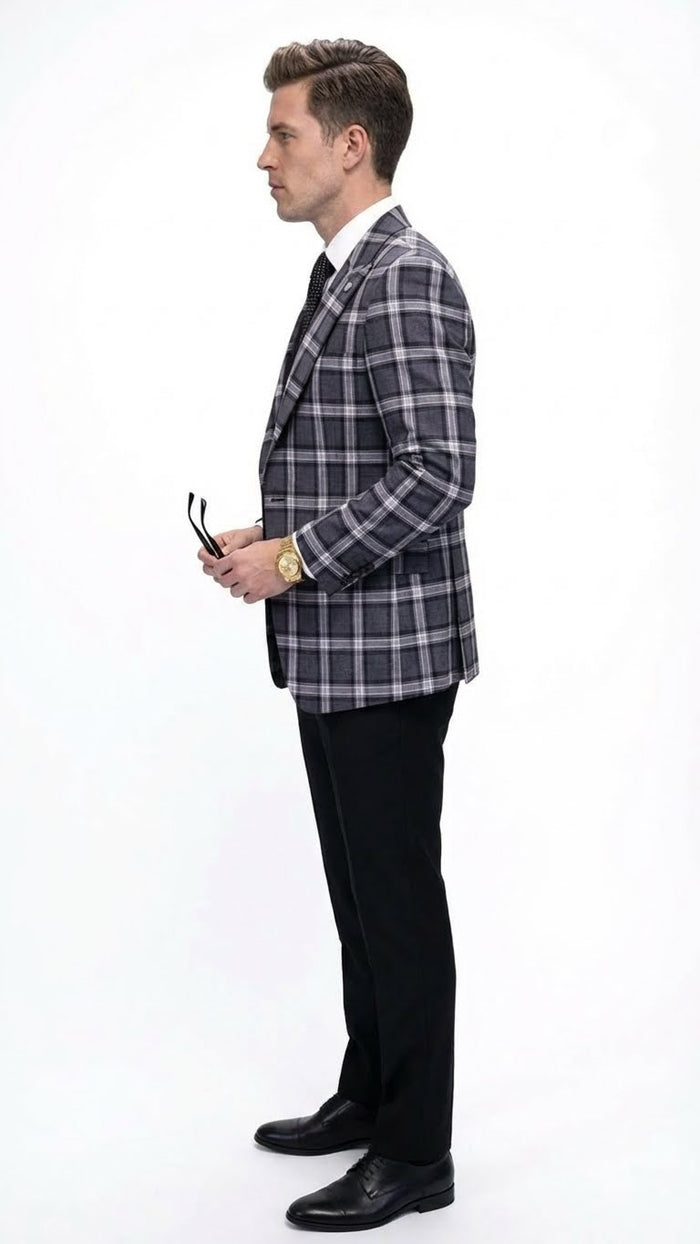Mens Big and Tall Charcoal Gray and Black Plaid Blazer  Grey Checker Windowpane Sport Coat