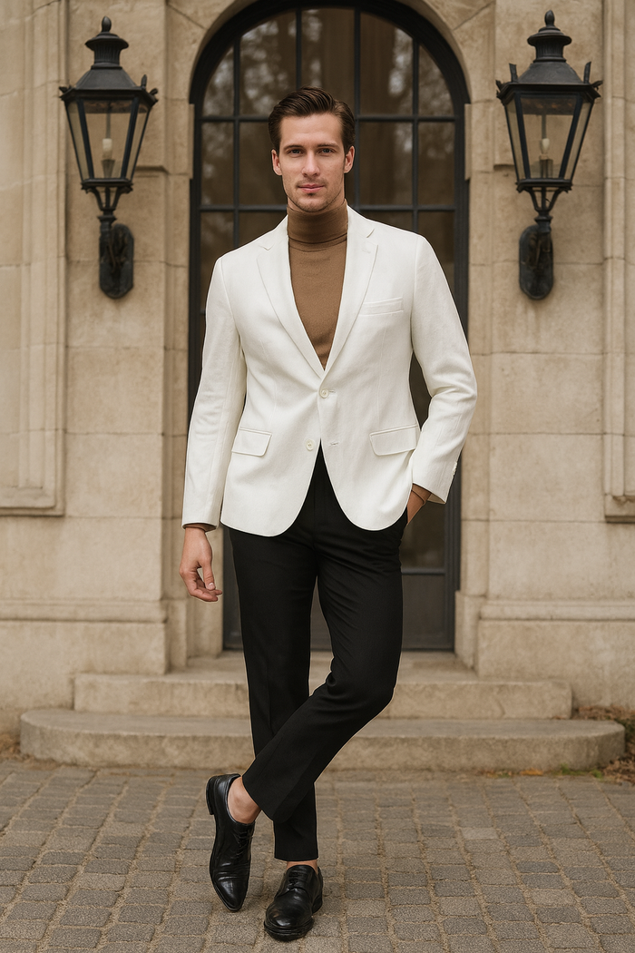 Men's White Linen Blazer - Classic Two-Button Lightweight Sport Coat