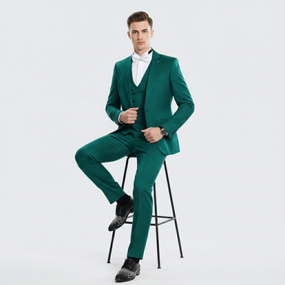 Mens Emerald Green Textured 3-Piece Suit  Polk Dot Pattern Formal Wedding, Prom, and Evening Wear Outfit