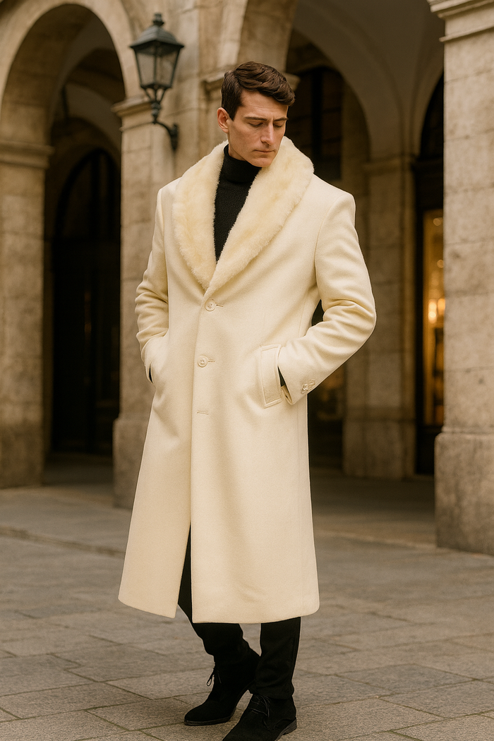 Mens Ivory - Cream - Off White Full-Length Overcoat with Luxurious Faux Fur Shawl Collar  Winter Dress Coat