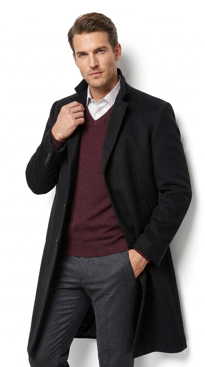 Men’s Big and Tall Black Cashmere Overcoat – Full-Length Winter Dress Coat for Business and Formal Wear