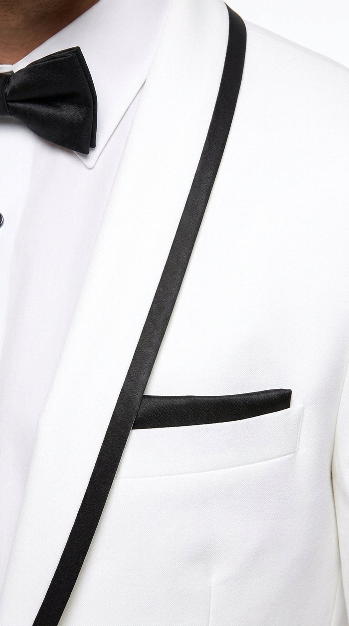 Men’s White Tuxedo Jacket – Black Trim Shawl Lapel Formal Dinner Blazer for Weddings, Prom Wedding Blazer Modern fit