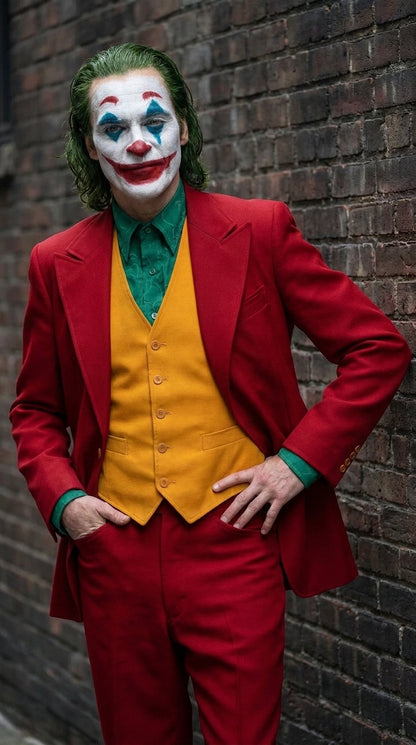 Men's Joker 2019 Red 3-Piece Suit – Joaquin Phoenix Movie-Inspired Costume with Orange Vest & Green Shirt & Tie Package