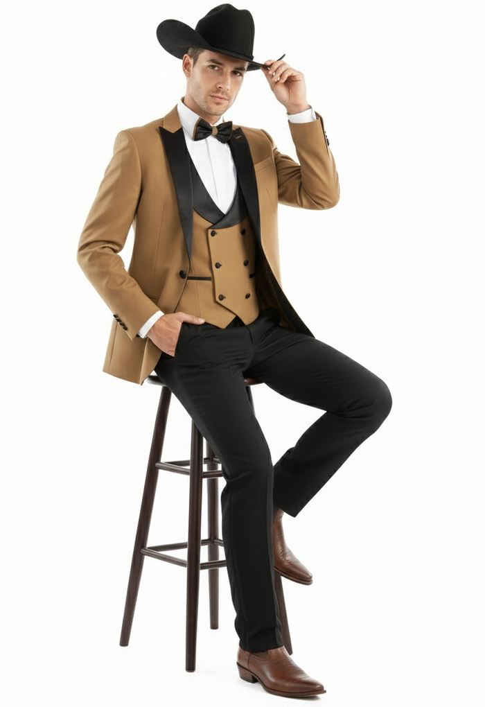 Mens Western Cowboy Tuxedo  Tan and Black 3-Piece Suit with Satin Lapel and Vest in Mocca Coffee Color