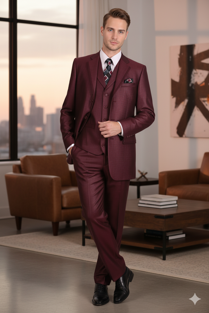 Mens Burgundy 3-Piece Suit  Burgundy Three Buttons Vested Suit - Pleated Pants Classic Fit Athletic Cut