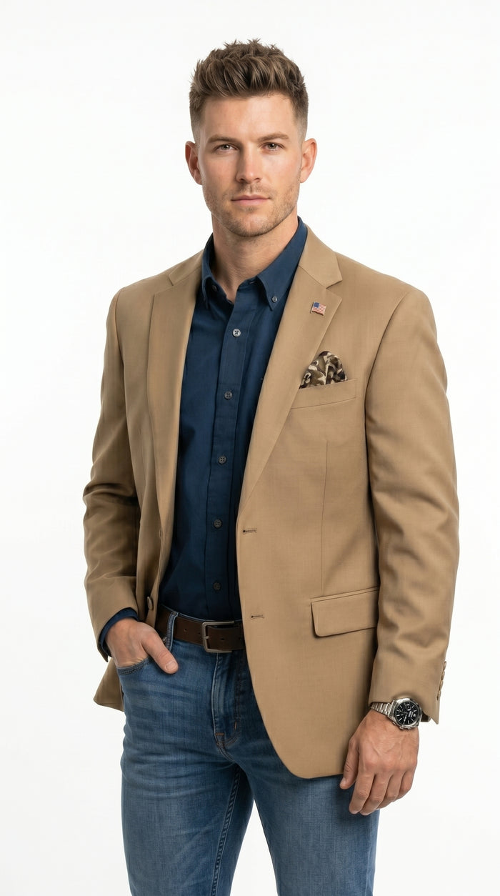 Mens Khaki Camel Bronze Taupe Blazer, Classic Business Casual Wedding Sport Coat Jacket in Tan Color