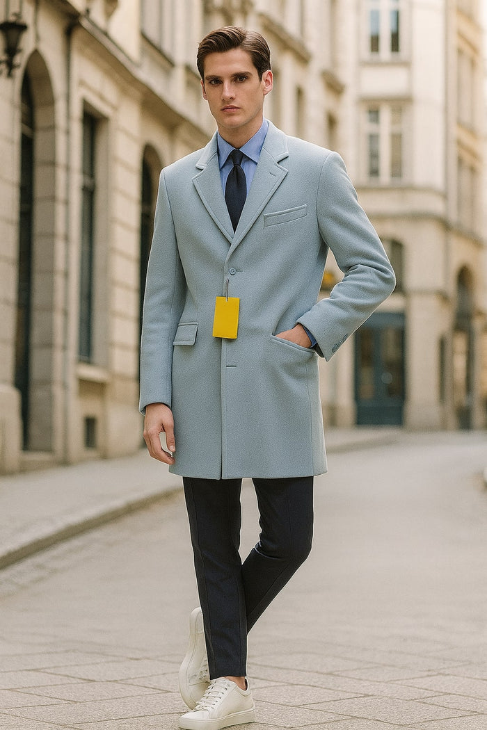 Mens Light Blue Wool Overcoat  Modern Long Coat with Classic Tailored Fit in Sky Blue