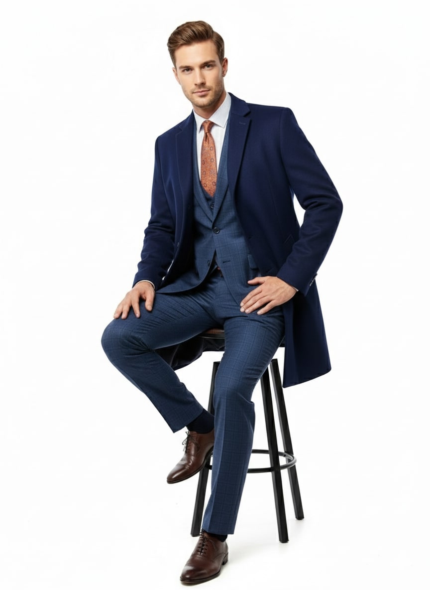 Mens Cobalt Blue Wool and Cashmere Car Coat Overcoat  Classic Winter Topcoat for Indigo Sapphire Color (light Navy Dark Royal)