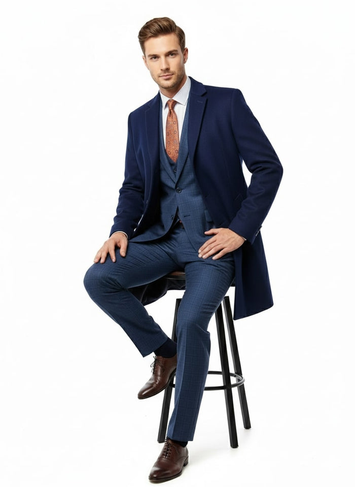 Mens Cobalt Blue Wool and Cashmere Car Coat Overcoat  Classic Winter Topcoat for Indigo Sapphire Color (light Navy Dark Royal)