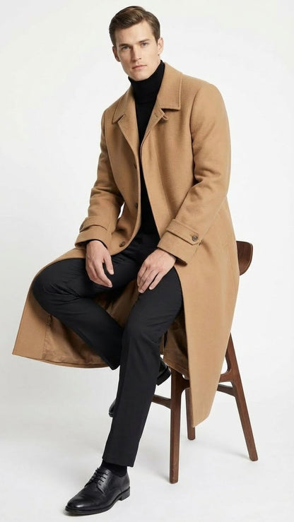 Mens Full-Length Camel Overcoat  Classic Long Microfiber-Blend Coat for Winter and Formal Wear Maxi Duster Coat