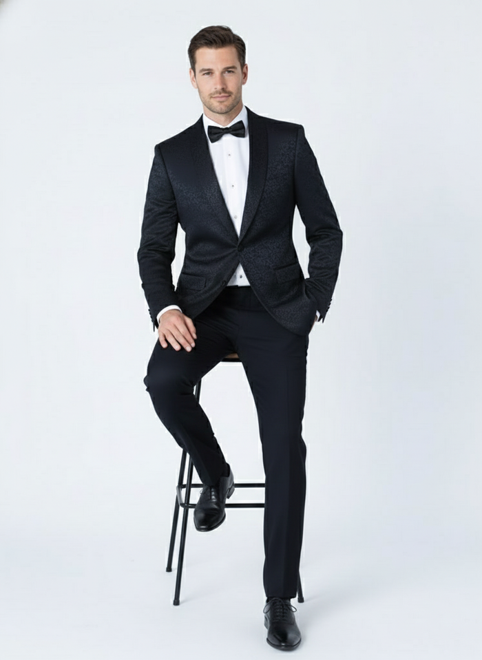 Mens Black Textured Paisley floral Tuxedo Suit  Premium Slim Fit Formal Wedding, Prom, with Bowtie