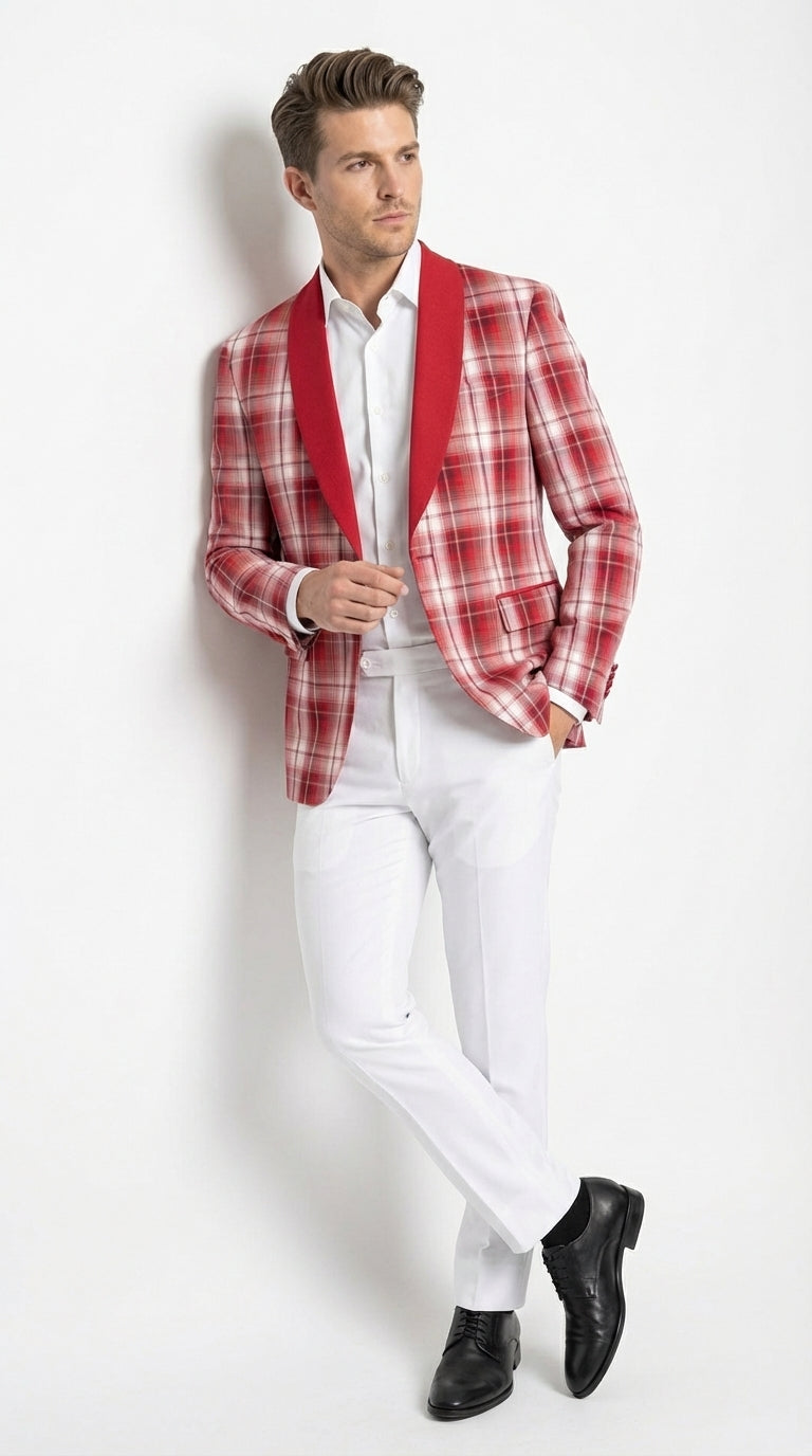 Mens Tartan Red and White Plaid Blazer – Check Pattern Sport Coat Red Shawl Lapel Party Christmas Holiday New Year