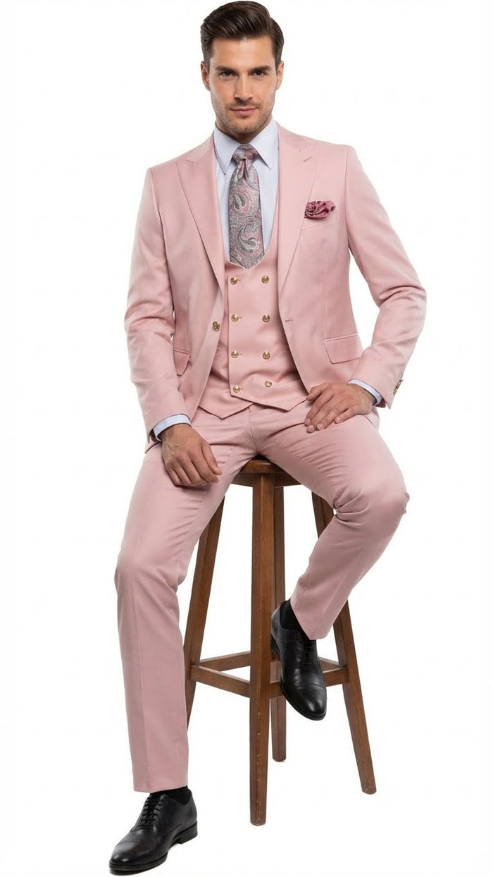 Mens Blush Pink and Gold Three-Piece Suit  Tailored Fit Formal Wedding, Vested Suit By Rossiman