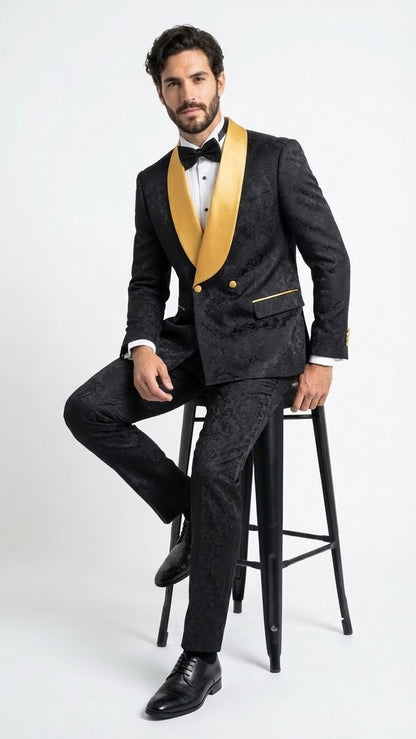 Mens Black and Gold Jacquard Tuxedo Suit  Luxury Slim Fit Formal Wedding, Prom, and Gala Outfit