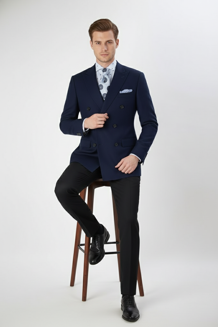 Mens Navy Blue Double-Breasted Blazer - Suit Jacket  Premium Tailored Fit Formal Wedding and Business Sport Coat