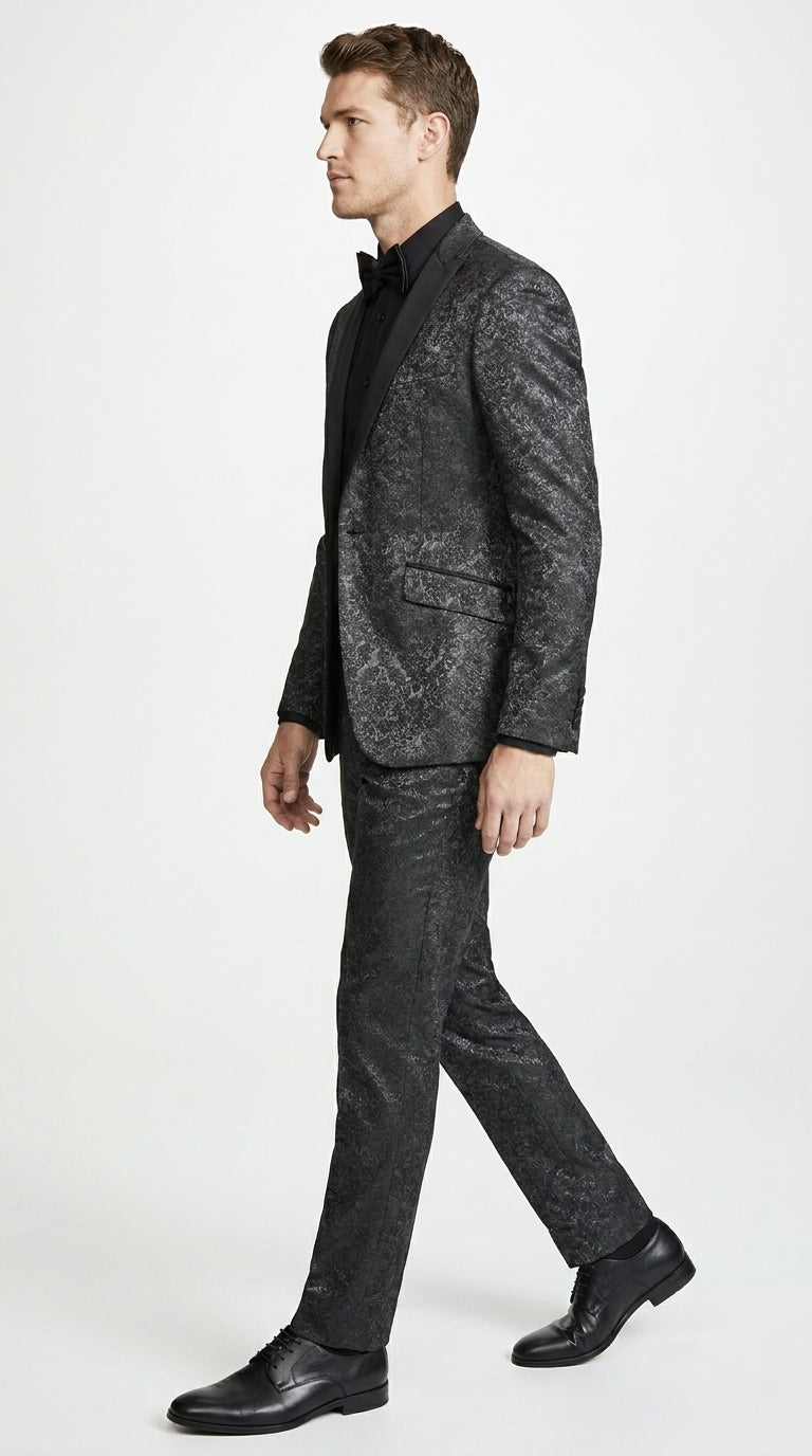 Men’s Black Paisley Wedding and Prom Tuxedo with One Button Jacket, Formal Dinner Suit
