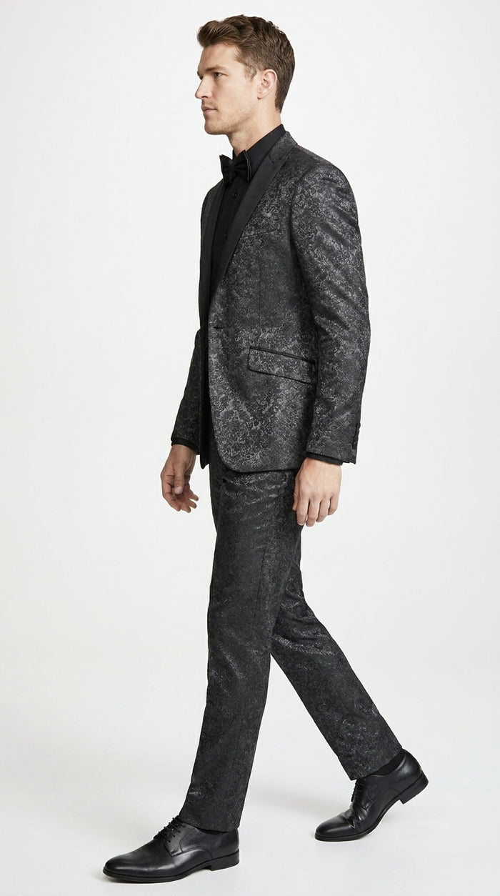 Men’s Black Paisley Wedding and Prom Tuxedo with One Button Jacket, Formal Dinner Suit