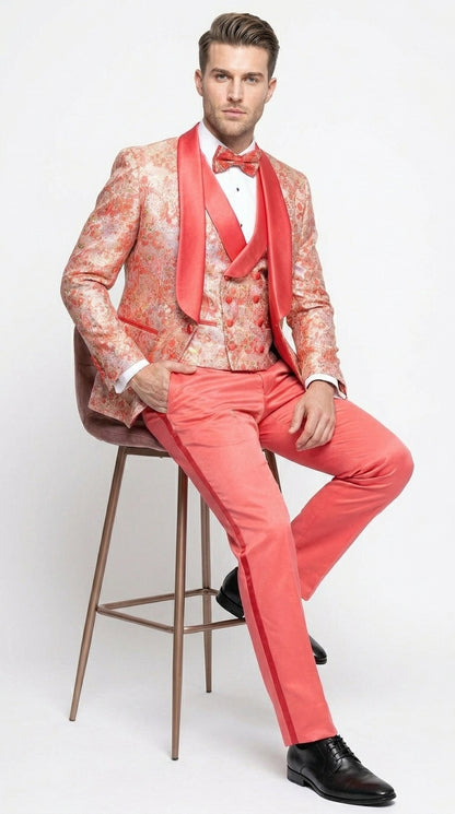 Men's One Button Paisley Wedding Tuxedo with Double Breasted Vest in Coral Orange