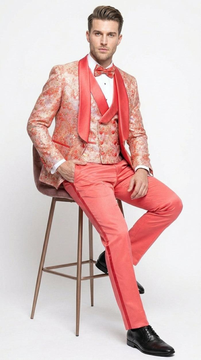 Men's One Button Paisley Wedding Tuxedo with Double Breasted Vest in Coral Orange