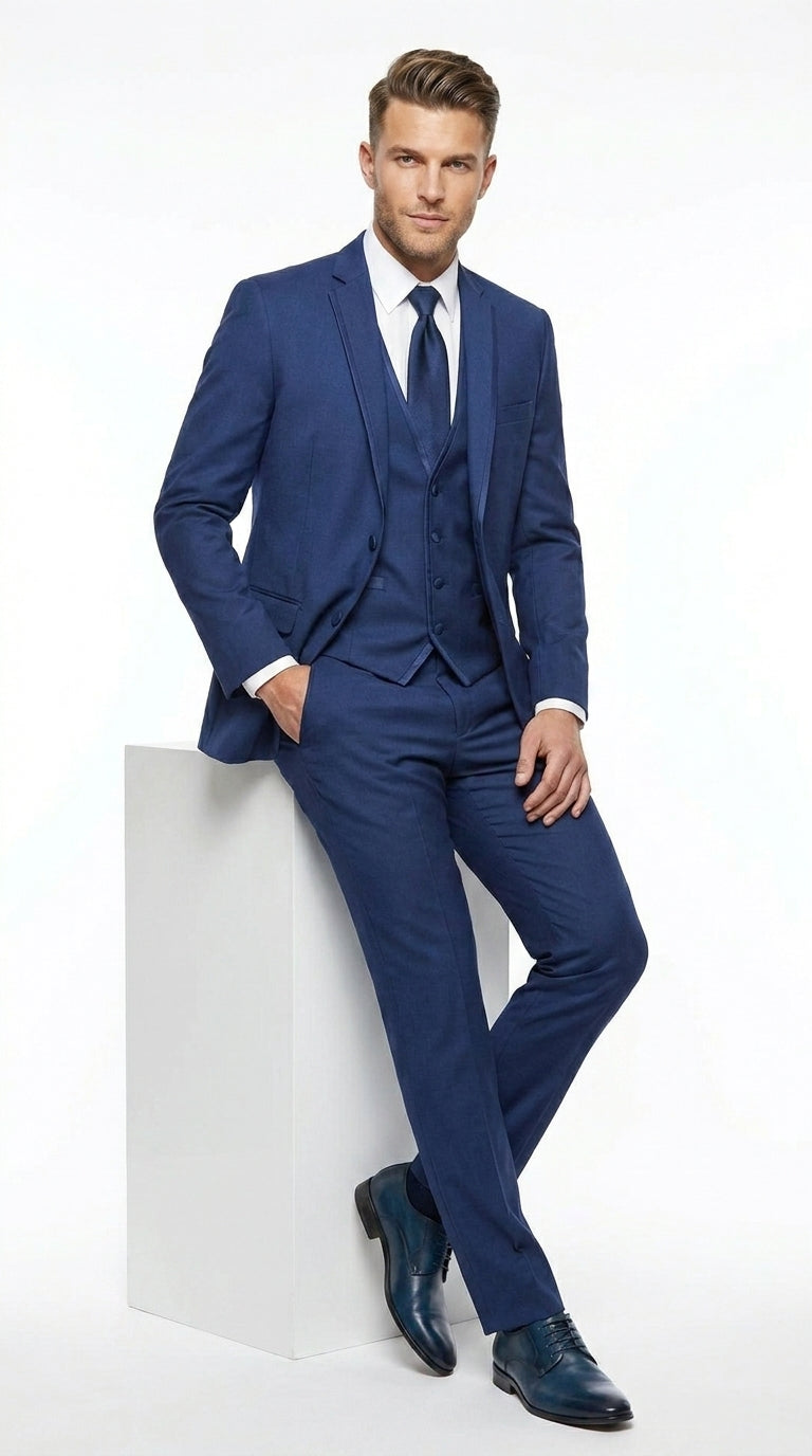 Men’s Blue 3 Piece Vested Tuxedo with 2 Button Jacket, Satin Trim and Matching Pants