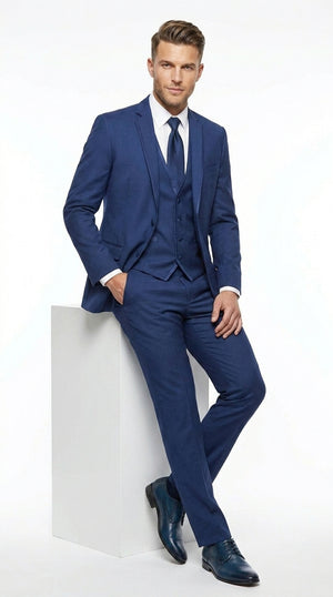 Men’s Blue 3 Piece Vested Tuxedo with 2 Button Jacket, Satin Trim and Matching Pants