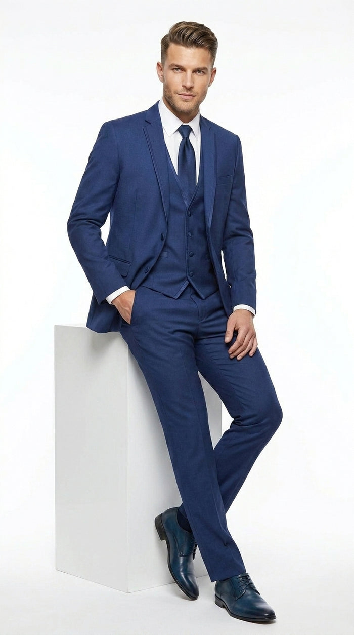 Men’s Blue 3 Piece Vested Tuxedo with 2 Button Jacket, Satin Trim and Matching Pants