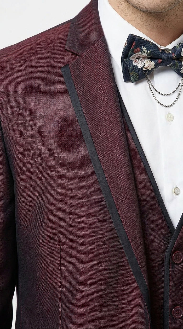 Men’s Burgundy Sharkskin Tuxedo with Satin Trim, Vested Formal Wedding and Prom Suit