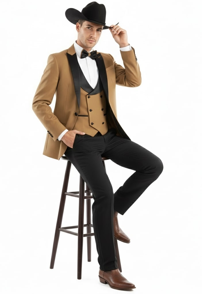 Mens Western Cowboy Tuxedo  Tan and Black 3-Piece Suit with Satin Lapel and Vest in Mocca Coffee Color