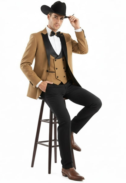Mens Western Cowboy Tuxedo  Tan and Black 3-Piece Suit with Satin Lapel and Vest in Mocca Coffee Color