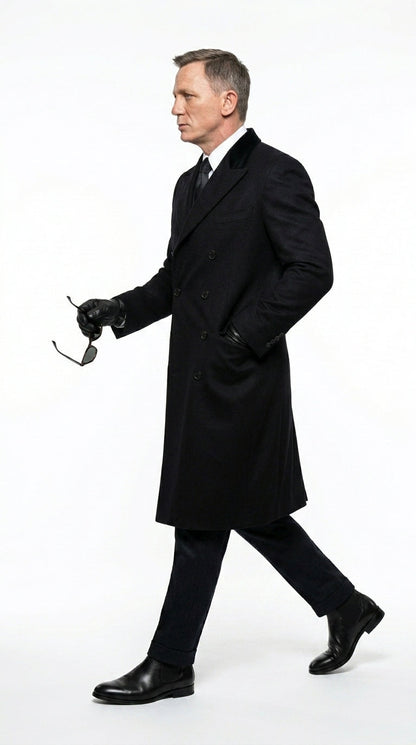 Men’s Black Double Breasted Overcoat, James Bond Inspired Long Formal Coat for Weddings, Business Events, Parties, and Winter Occasions