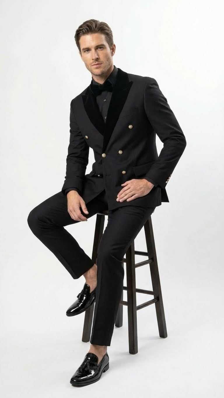 Mens Black Double Breasted Tuxedo Suit  Luxury Formal Dinner Jacket Gold Buttons Velvet Lapel