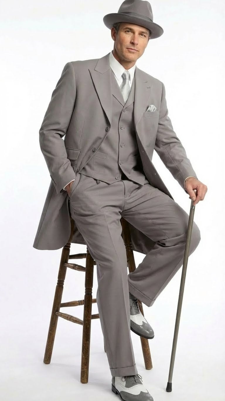 Men’s Gray Zoot Suit with Matching Hat and 1920s Shoes | Grey Vintage Wedding and Party Three Piece Suit