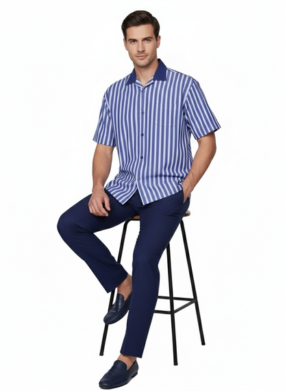 Mens Blue and White Vertical Stripe Short Sleeve Shirt Set  Casual Summer Two-Piece Outfit