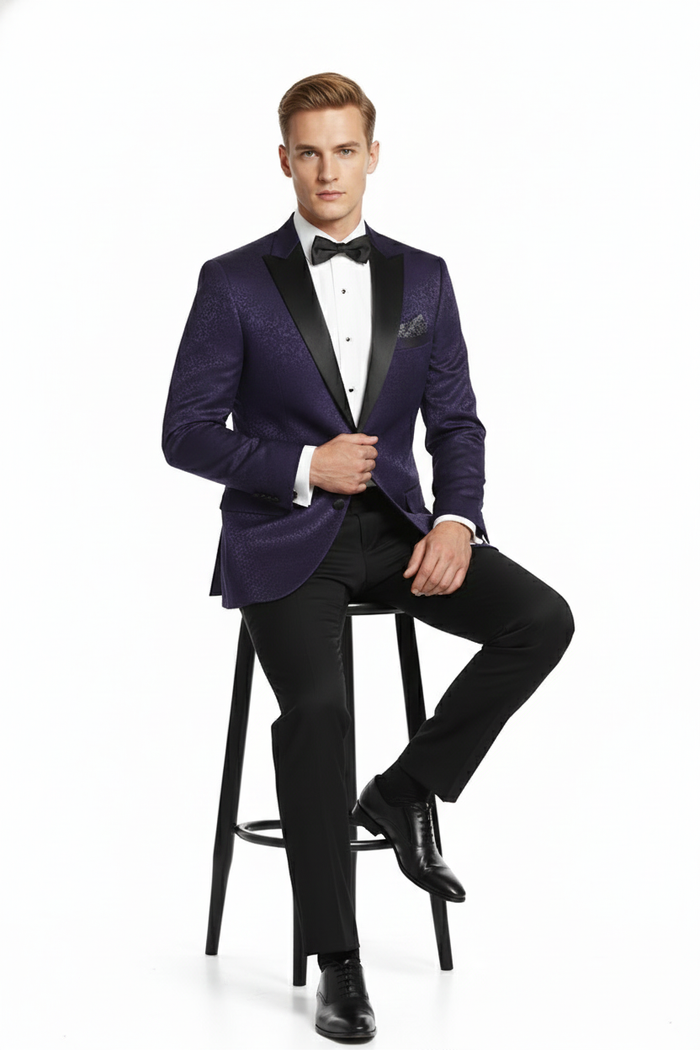 Mens Purple Paisley Tuxedo Jacket  Ultra Slim Fit Dinner Blazer with Black Satin Peak Lapel