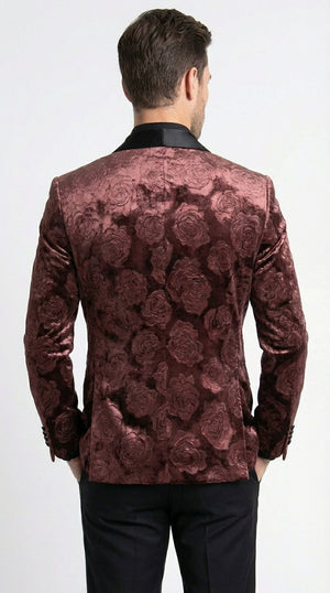 Mens Rust Copper Brick color Floral Jacquard Pasiley Blazer – Pattern Dinner Jacket with Black Shawl Lapel for Formal dinners and Wedding