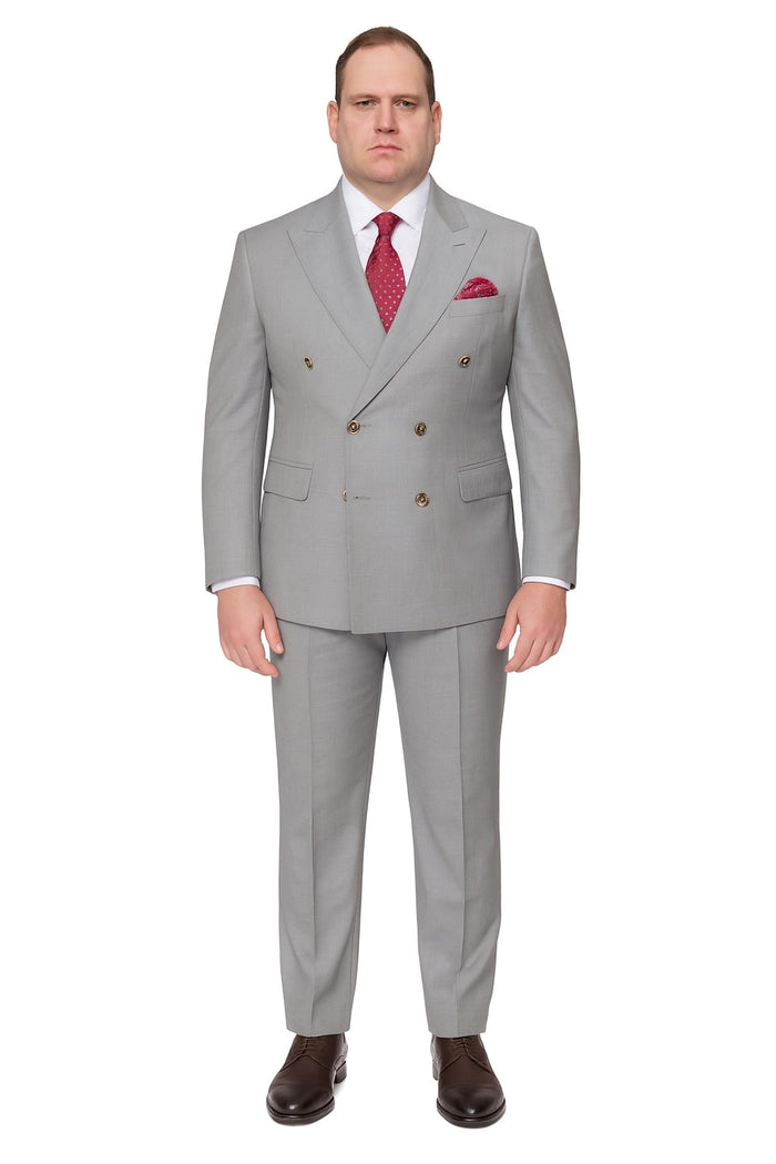 Mens Light Grey Double-Breasted Suit  Classic Slim Fit Business and Wedding Formal Attire