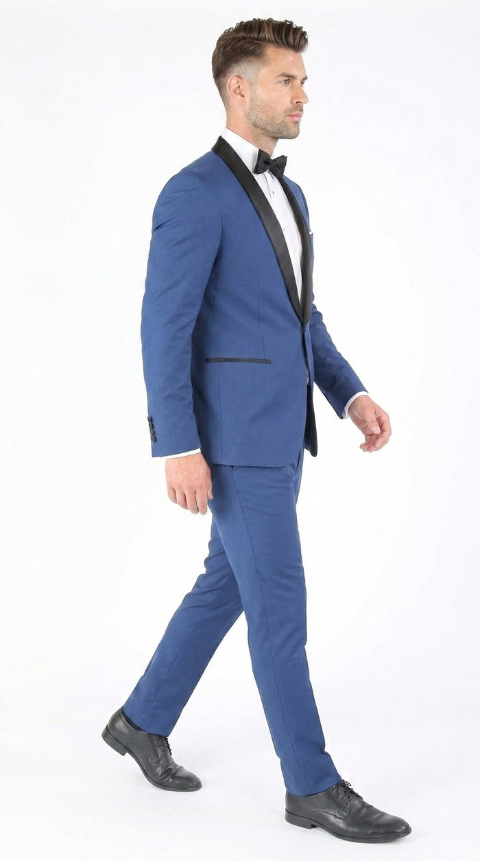 Men’s Indigo Shawl Prom Tuxedo with Black Lapel, One Button Jacket and Matching Pants