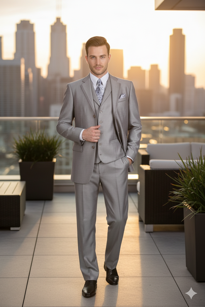 Mens Light Gray 3-Piece Modern Fit Suit with Vest  Classic Formal Business and Wedding Attire