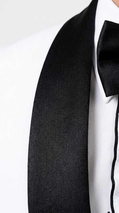 Men’s White and Black Classic Microfiber Shawl Tuxedo with Jacket and Pants, Formal Wedding Suit