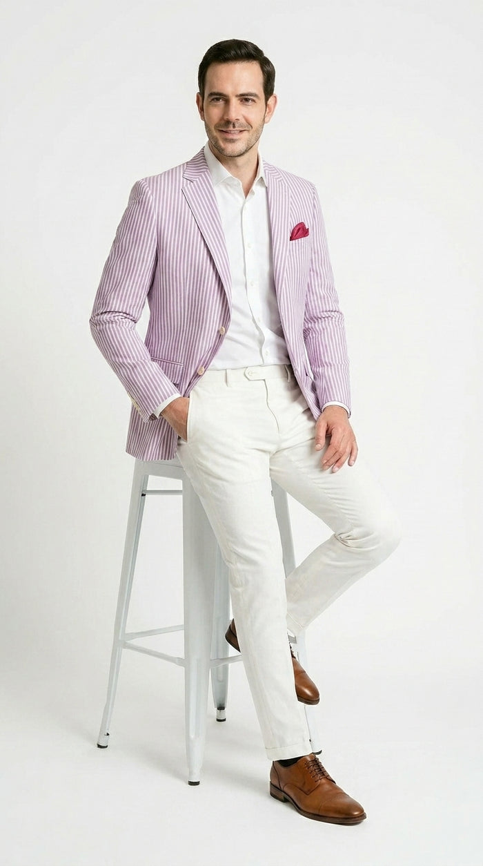 Men's Italian Lavender Seersucker Blazer Lightweight Summer Striped Suit Jacket