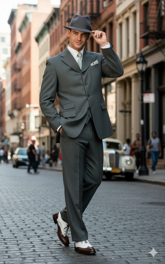 Mens 1920s Gray Zoot Suit   4 Buttons  Gangster Wide Lapel Long Jacket 3-Piece Suit in Grey Color Classic Fit Pleated Pants