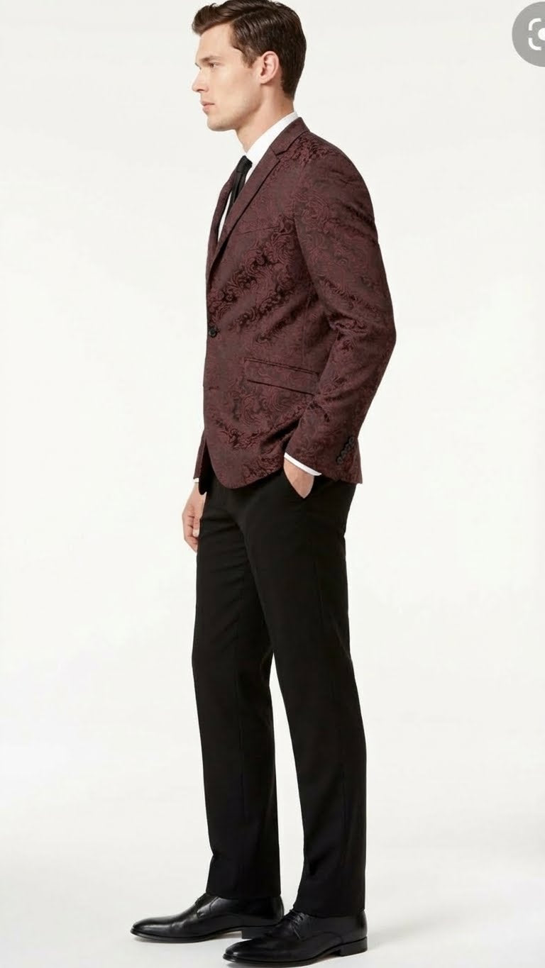 Mens Burgundy Paisley Blazer Sport Coat  Velvet Dinner Jacket floral in Maroon Wine Color Ultra Slim Fit Smoking Jacket