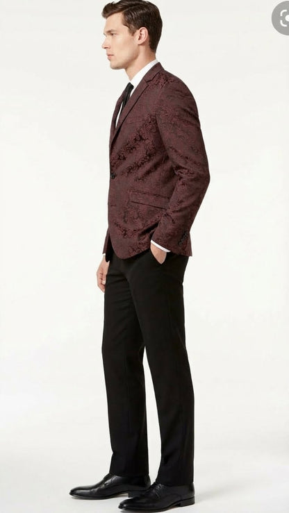 Mens Burgundy Paisley Blazer Sport Coat  Velvet Dinner Jacket floral in Maroon Wine Color Ultra Slim Fit Smoking Jacket