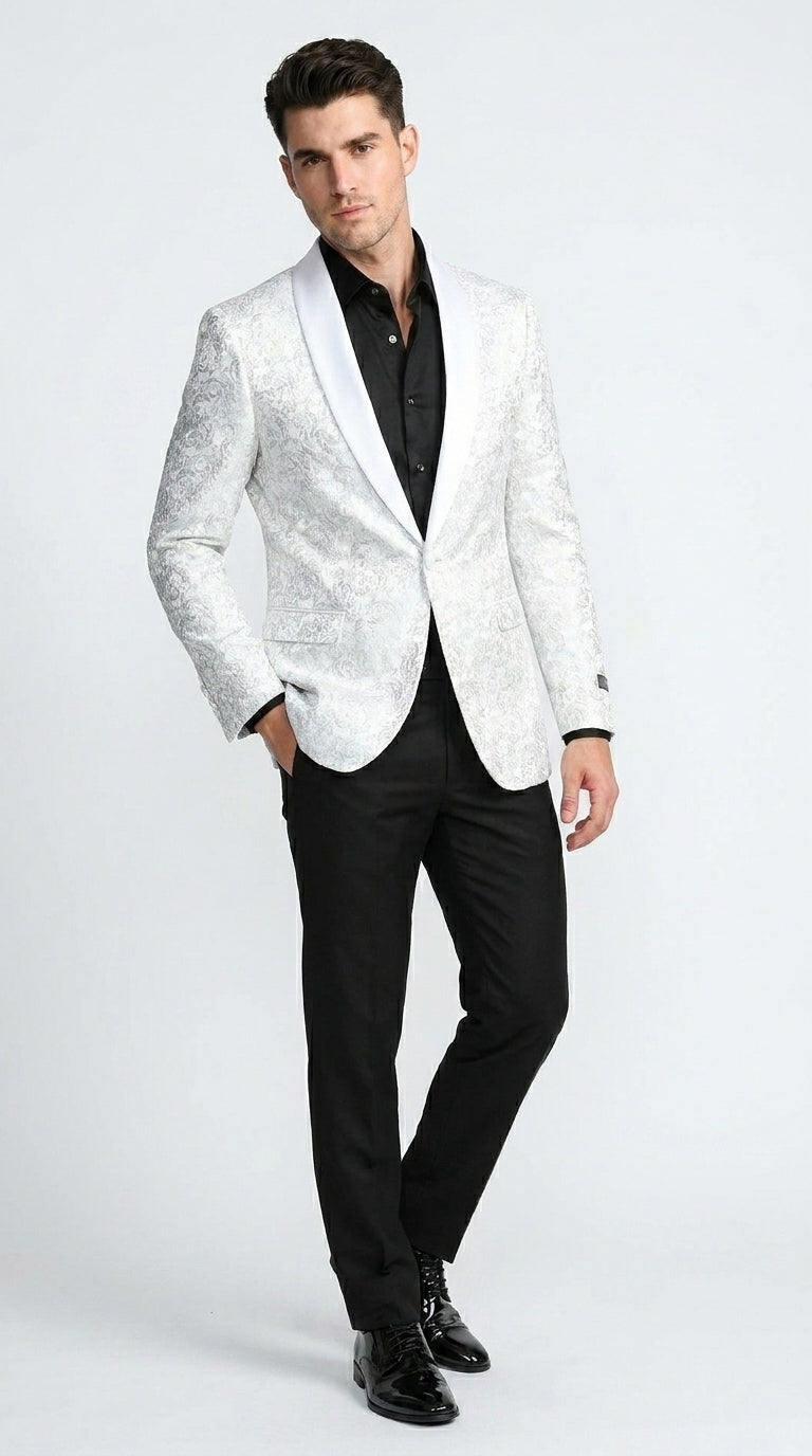 Men’s White Tonal Paisley Tuxedo Jacket with Satin Shawl Lapel, Wedding and Prom Dinner Blazer
