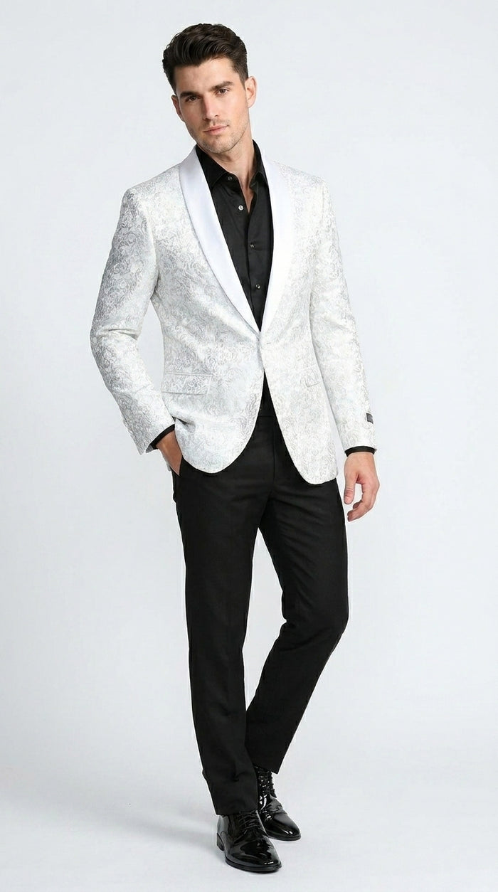 Men’s White Tonal Paisley Tuxedo Jacket with Satin Shawl Lapel, Wedding and Prom Dinner Blazer