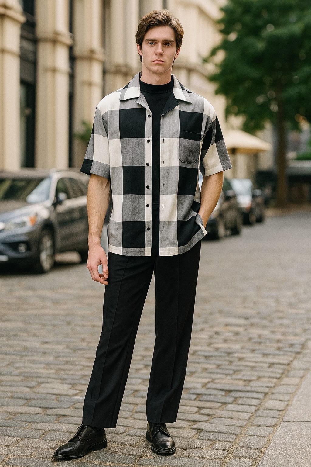 Mens Black and White Checkered Short Sleeve Shirt Set  Casual Two-Piece Summer Outfit