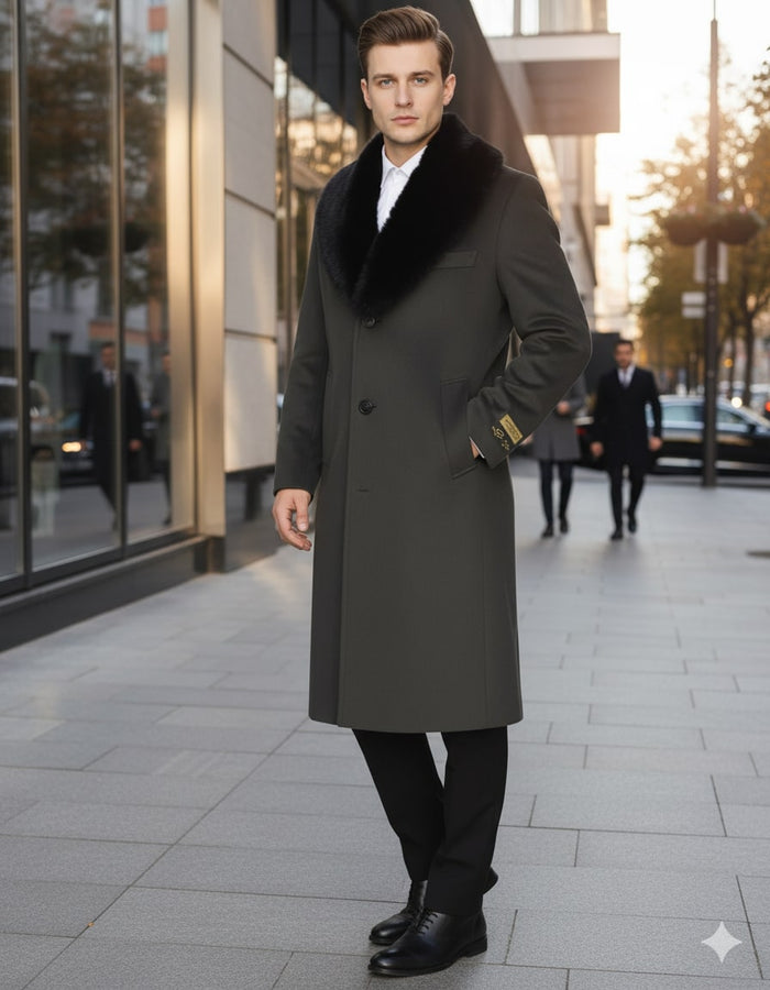 Mens Full Length Olive Overcoat with Black Fur Collar  Luxury Wool Fabric Winter Long Coat in Hunter Green