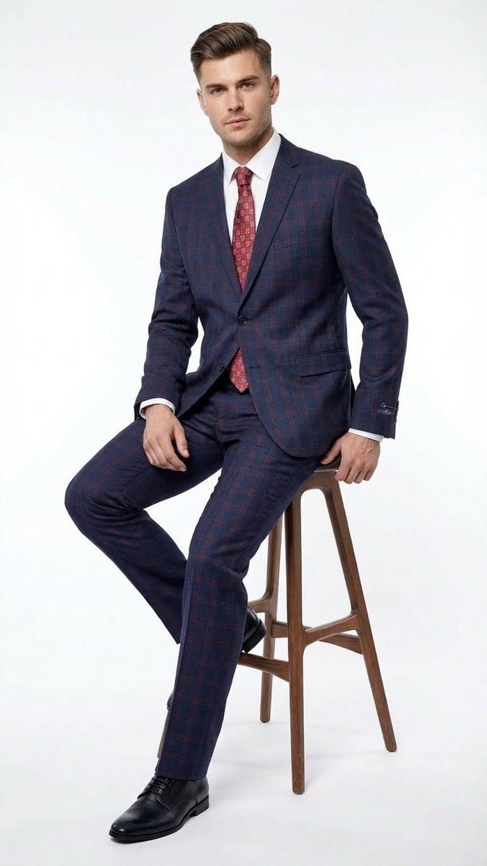 Mens Navy Blue and Burgundy Checkered Two-Piece Suit Plaid Windowpane  Flat Front Pants or Pleated Wide Leg Pants - 100% Wool