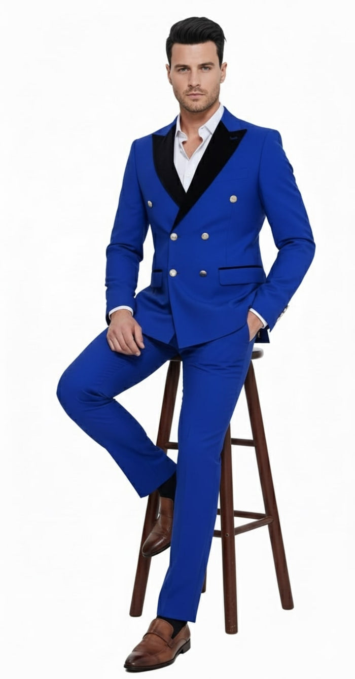 Mens Royal Blue Double-Breasted Tuxedo Suit  Modern Slim Fit Formal Wedding and Prom Outfit with Black Satin Lapel